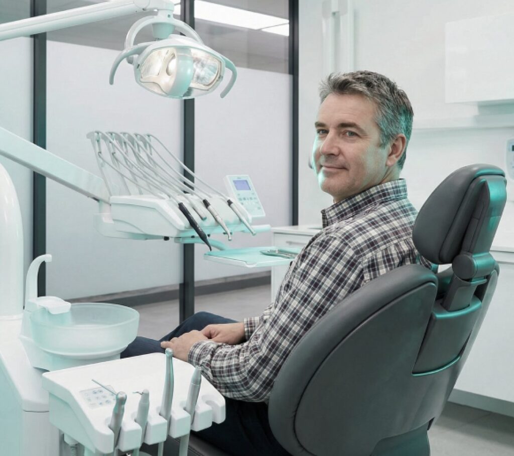 Man in a dental chair looking at us