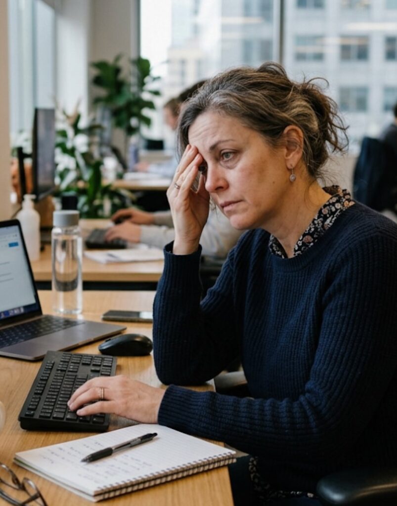 Woman stressed at work holding her head