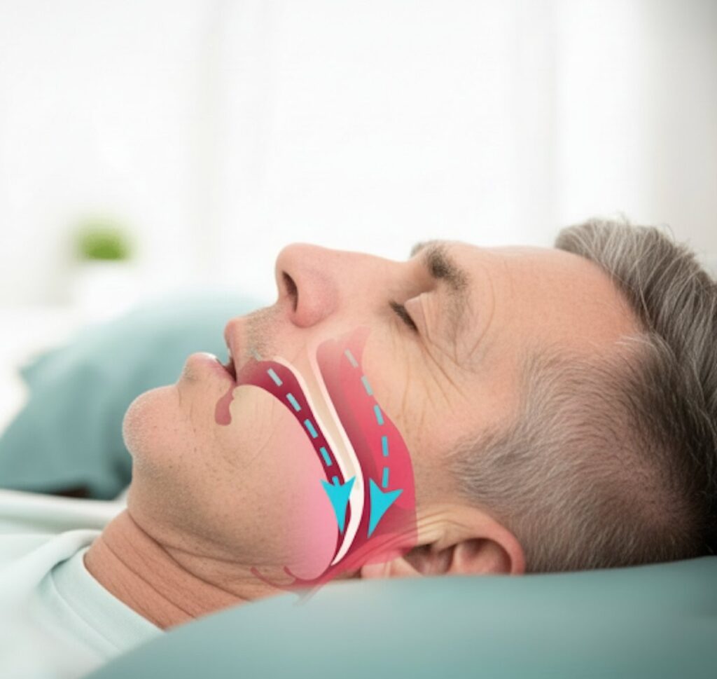 Man sleeping with mouth open and a graphic of a airway
