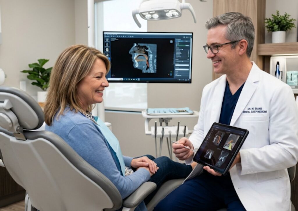 Doctor with a tablet showing a client ct scan that sits in a dental chair