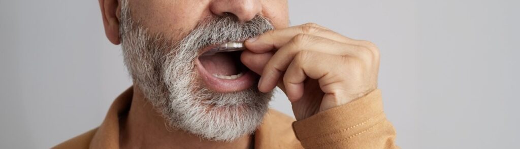 Man putting on clear aligners pictured closely