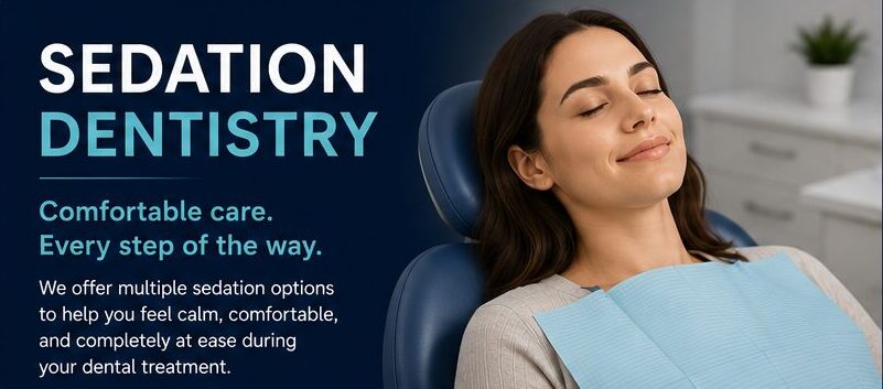 sedataion dentistry text on the left and a patient in a dental chair on the right