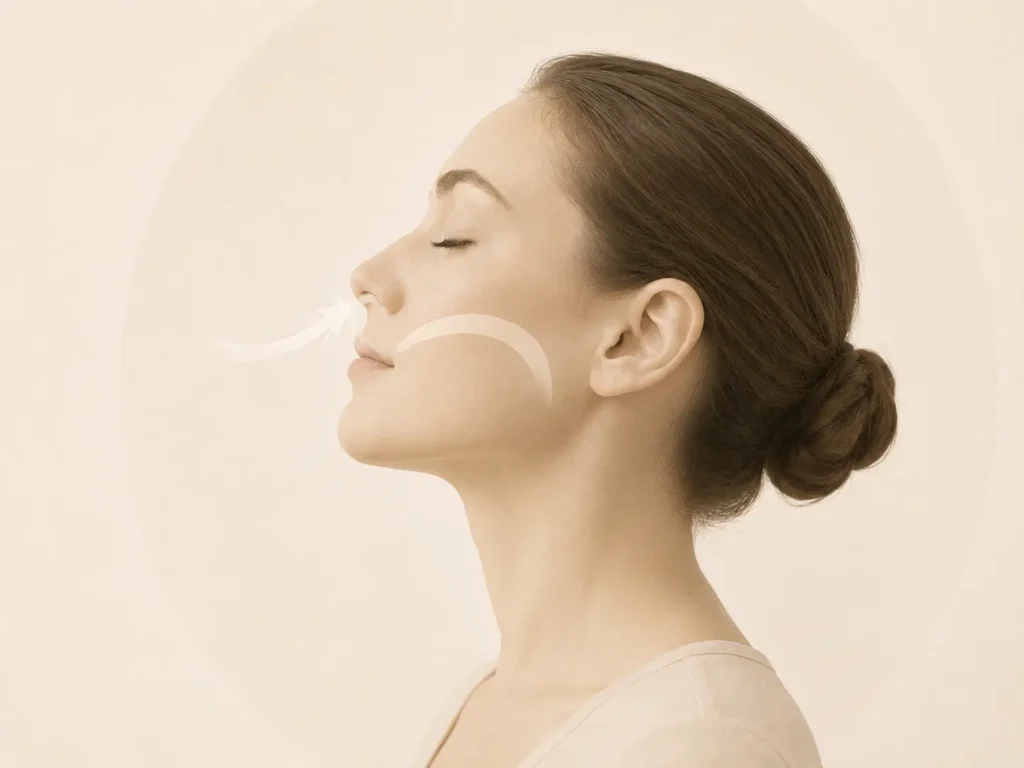 image of a woman inhaling with a graphic of arrows