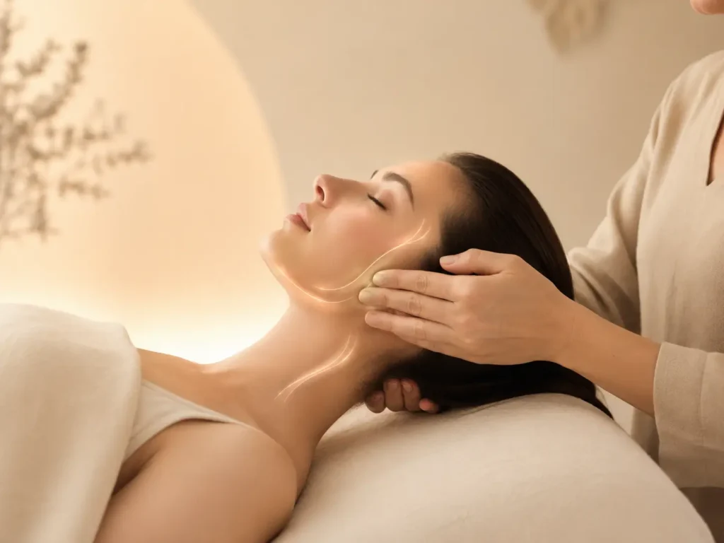 Image of a woman laying on a pillow with hands holding her head