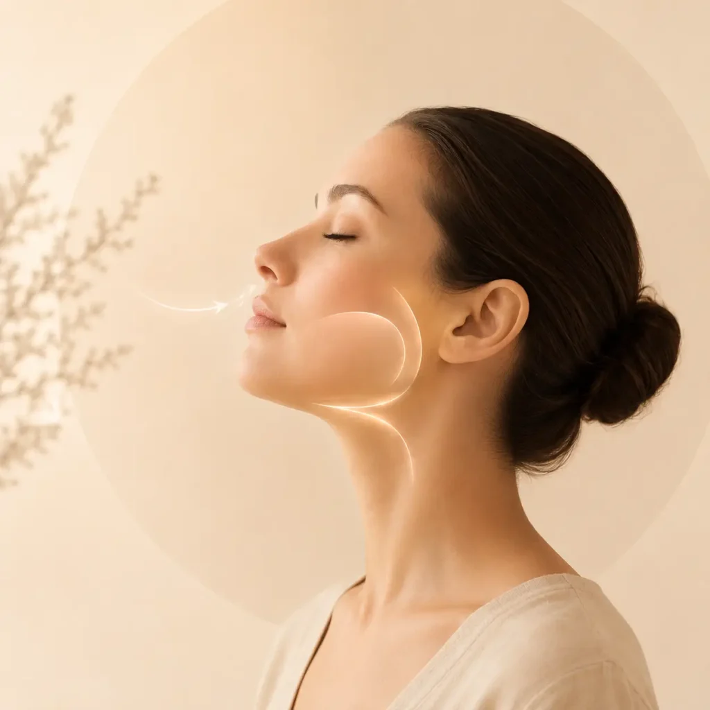image of a woman inhaling with a graphic of arrows