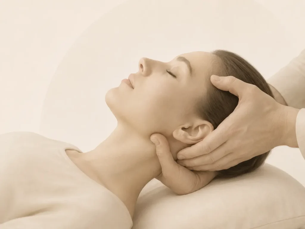 Image of a woman laying on a pillow with hands holding her head