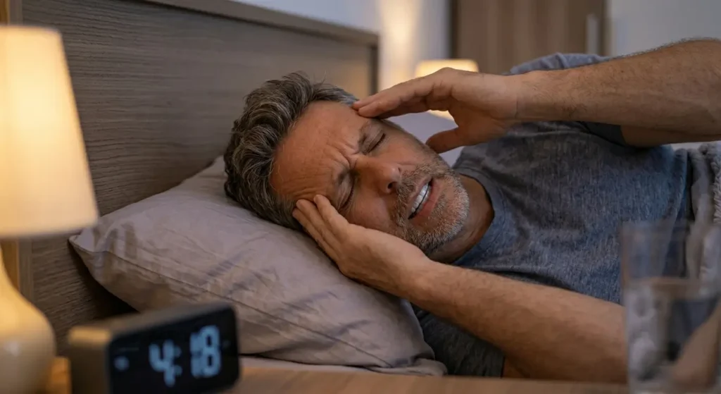 Man holding his head and squinting